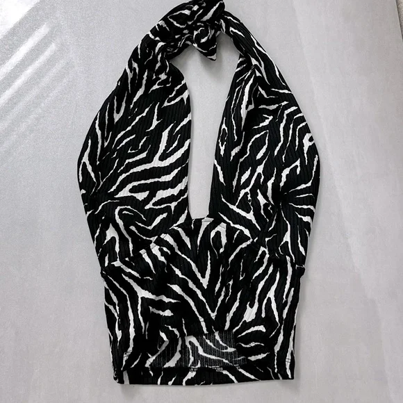 Tie Neck Zebra Print Halter Top - Picture 1 of 10